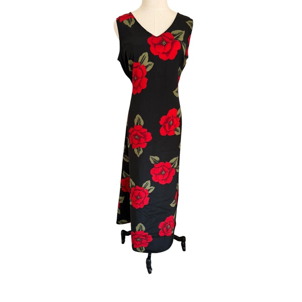 Vintage Impressions Workshop Floral Maxi Dress Womens M Black Red Rose 90s